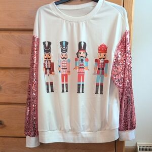 SHEIN White and Pink Sequin Sleeve Top